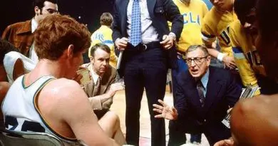 Former UCLA coach John Wooden with Bill Walton and other Bruins during a timeout.