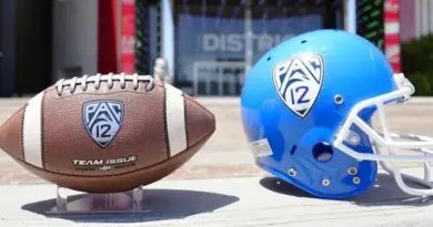 Pac-12 logo on football and helmet | Louis Grasse/Getty Images