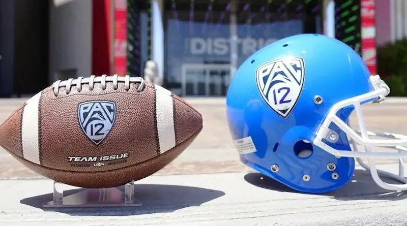 Pac-12 logo on football and helmet | Louis Grasse/Getty Images