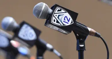 Pac-12 microphones before a press conference