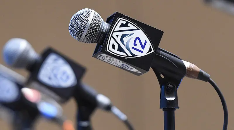 Pac-12 microphones before a press conference