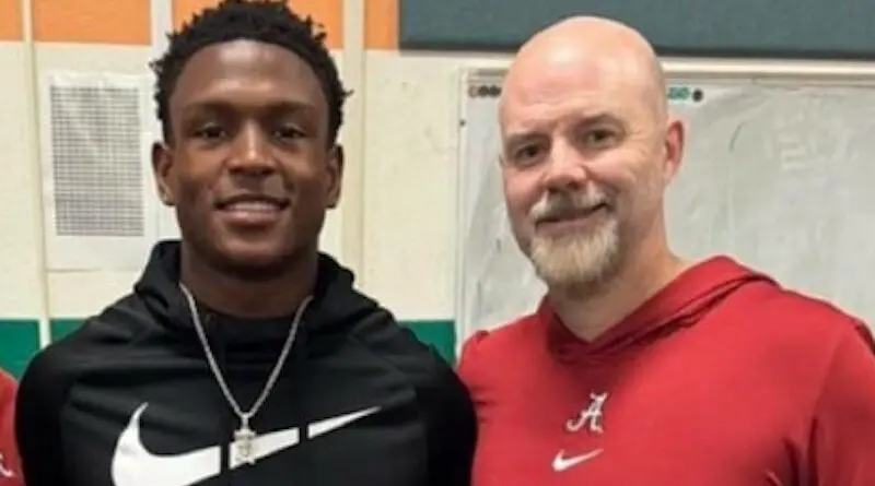 2025 WR Vernell Brown with Alabama assistant Ryan Grubb (right), is reportedly a candidate for the Seahawks OC job