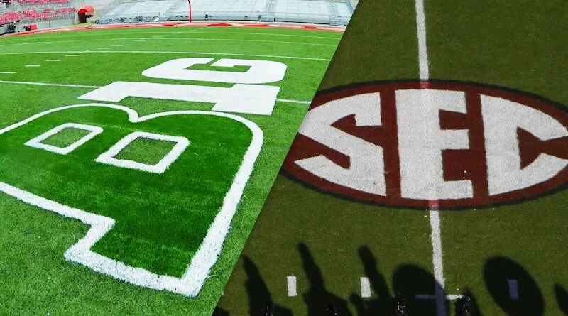 Big Ten and SEC conference logos on football fields