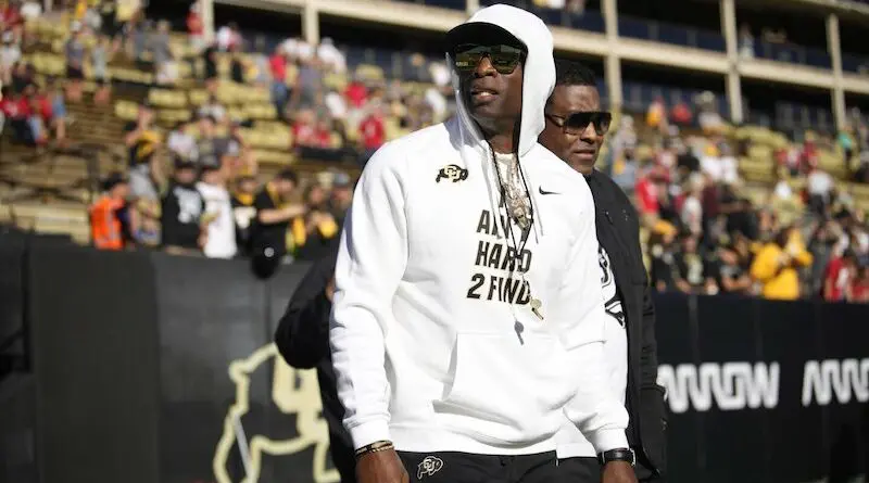 Colorado football head coach Deion Sanders on the sidelines in 2023