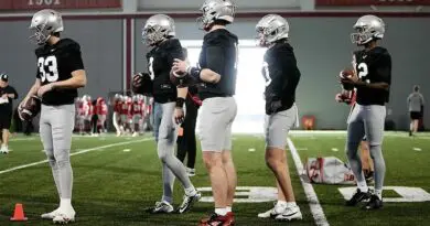 Ohio State football quarterbacks during 2024 spring practice.