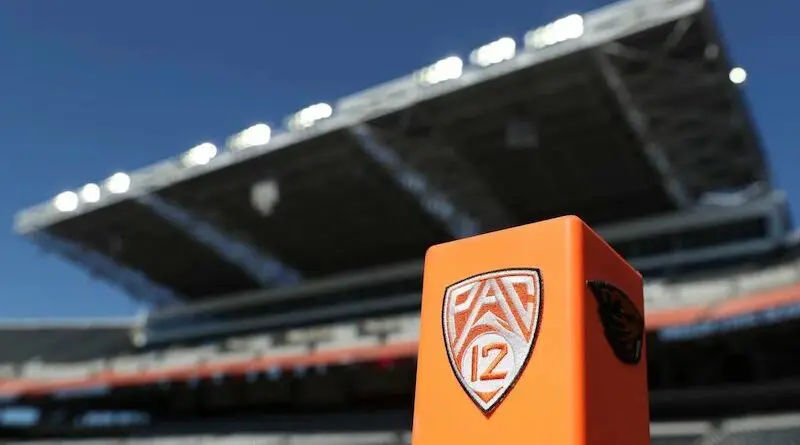Pac-12 logo on football field pylon
