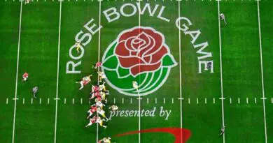 Rose Bowl logo on field of Rose Bowl Stadium