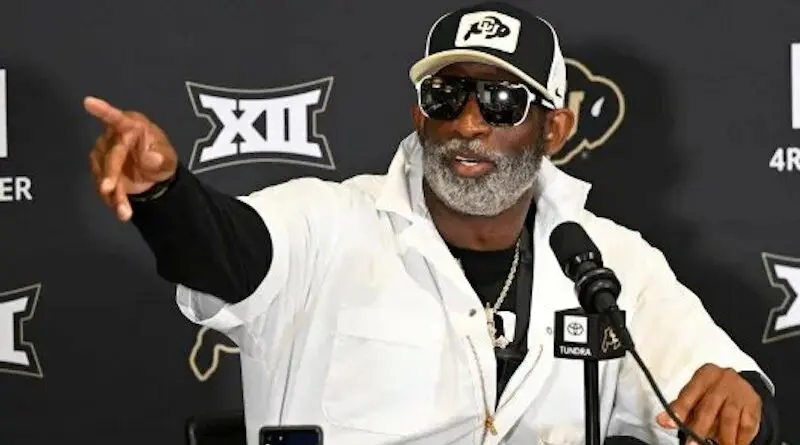 Colorado football head coach Deion Sanders at a press conference in August 2024