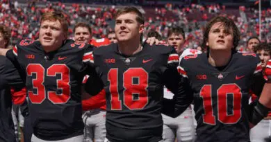 COLUMBUS, OH - APRIL 13: Ohio State Buckeyes quarterback Devin Brown (33), Ohio State Buckeyes quarterback Will Howard (18 and Ohio State Buckeyes quarterback Julian Sayin (10) after the Ohio State Spring Game at Ohio Stadium in Columbus, Ohio on April 13, 2024.