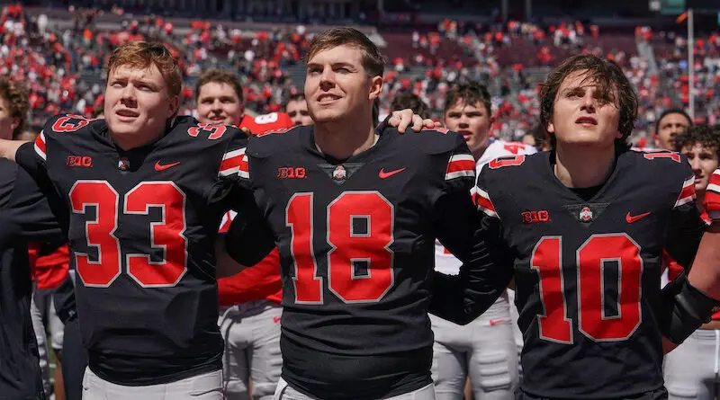 COLUMBUS, OH - APRIL 13: Ohio State Buckeyes quarterback Devin Brown (33), Ohio State Buckeyes quarterback Will Howard (18 and Ohio State Buckeyes quarterback Julian Sayin (10) after the Ohio State Spring Game at Ohio Stadium in Columbus, Ohio on April 13, 2024.