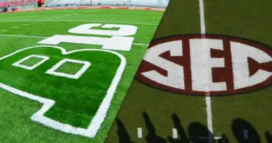Big Ten and SEC conference logos on football playing fields