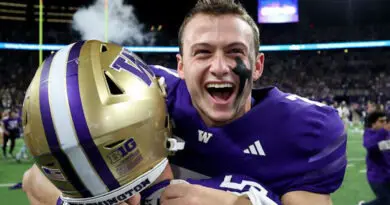 Washington quarterback Will Rogers celebrates the Husky win over Michigan in 2024