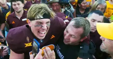 Kenny Dillingham and ASU players celebrate on field after defeating BYU in 2024