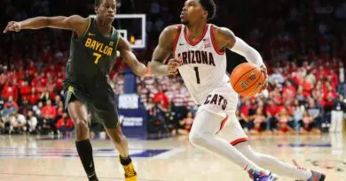 Caleb Love drives to the basket late in the second half to maintain a double digit lead against Baylor on Jan. 15 in McKale Center.