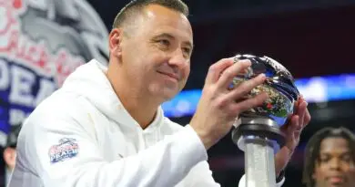 Texas football head coach Steve Sarkisian celebrates after winning the Peach Bowl in 2025
