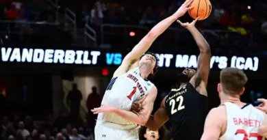 Saint Mary's center Harry Wessels blocks a shot vs Vanderbilt