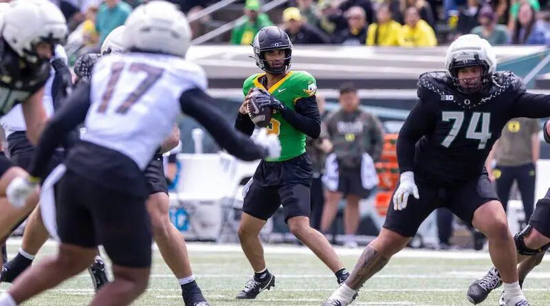 Duck quarterback Dante Moore prepares to throw in Oregon's 2025 spring game