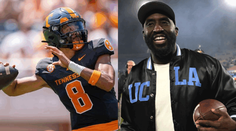 Nico Iamaleava and UCLA football head coach DeShaun Foster