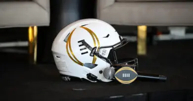 College Football Playoff logo on helmet and microphone