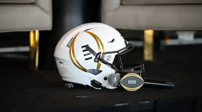 College Football Playoff logo on helmet and microphone