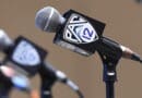 Pac-12 microphones before a press conference