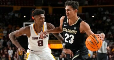 Colorado forward Tristan da Silva (23) drives on Arizona State forward Alonzo Gaffney during their game Saturday in Tempe, Ariz.