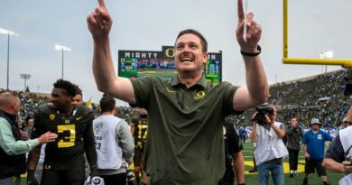 Oregon football coach Dan Lanning celebrates after defeating BYU at Autzen Stadium in 2023.