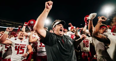 All-Time Mountain West Football Coach of Year Awards New Mexico head coach Jason Eck celebrating in 2025
