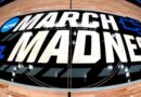 March Madness branding near the court before a first-round college basketball game on March 23, 2024 in South Bend, Ind.