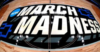 March Madness branding near the court before a first-round college basketball game on March 23, 2024 in South Bend, Ind.