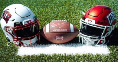 UNLV helmets and football on field
