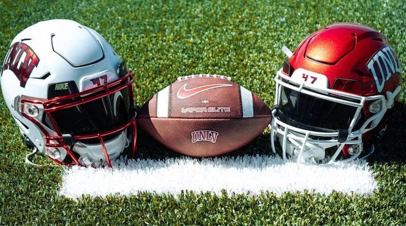 UNLV helmets and football on field