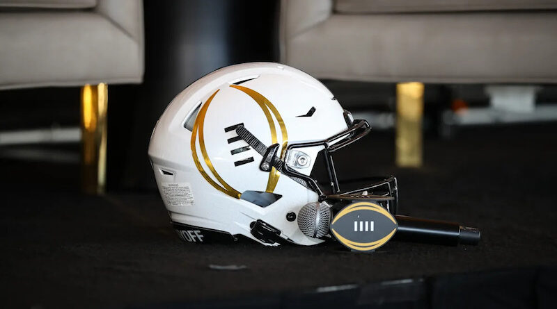 College Football Playoff logo on helmet and microphone