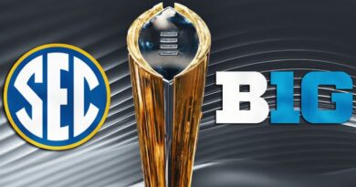 SEC and Big Ten conference logos with College Football Playoff trophy.