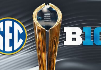 SEC and Big Ten conference logos with College Football Playoff trophy.
