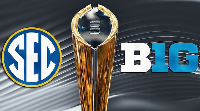 SEC and Big Ten conference logos with College Football Playoff trophy.