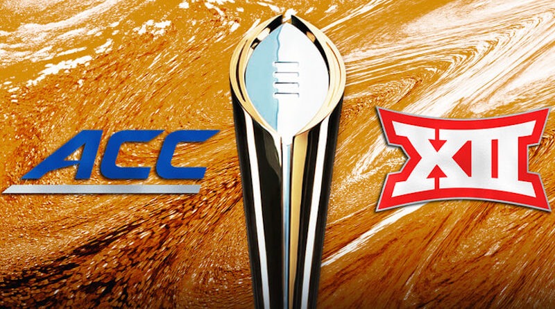ACC and Big 12 logos with the College Football nationally championship trophy