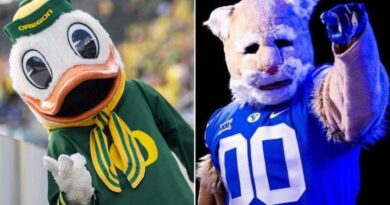 The Oregon Duck mascot and BYU's Cosmo