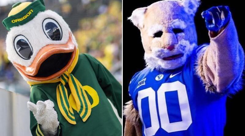 The Oregon Duck mascot and BYU's Cosmo