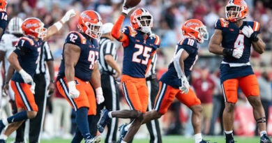Illinois Fighting Illini defensive back Jaheim Clarke (25) celebrates his fumble recovery against the South Carolina Gamecocks in the third quarter at Camping World Stadium. Mandatory Credit: Jeremy Reper-Imagn Images