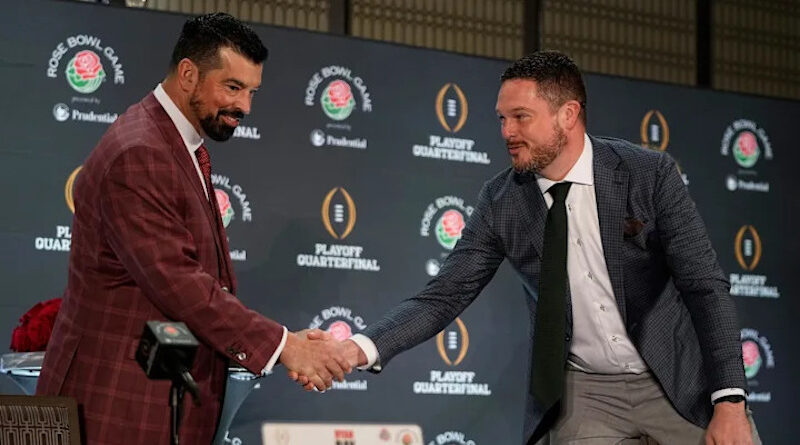 Ohio State's Ryan Day and Oregon's Dan Lanning at the 2025 Rose Bowl