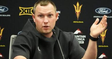 ASU coach Kenny Dillingham in front of media
